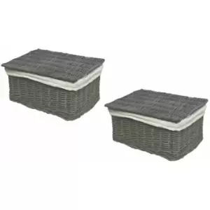 Set of 2 Lidded Wicker Storage Basket With Lining Xmas Hamper Basket [Set of 2 Large 40X30X20 cm,Grey]