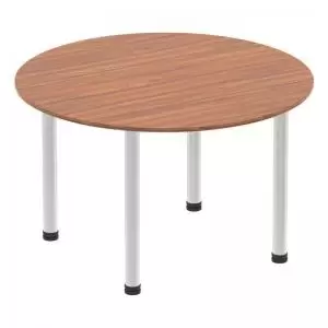 Impulse 1000mm Round Table Walnut Top Brushed Aluminium Post Leg