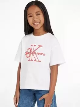 Calvin Klein Jeans Girls Monogram Embroidery Short Sleeve T-Shirt - White, Size Age: 10 Years, Women