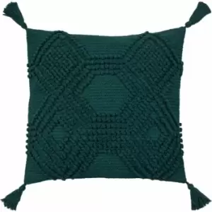 Furn Halmo Diamond Woven Loop Tasselled Cushion Cover, Teal, 45 x 45 Cm