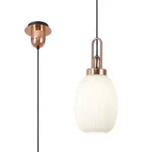 Yorktown Ceiling Pendant E27 With 20cm Almond Ribbed Glass, Opal Copper, Matt Black