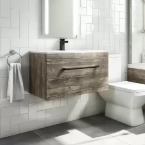 800mm Wood Effect Wall Hung Vanity Unit with Basin and Black Handles - Ashford