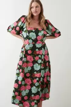 Curve Pink Floral Square Neck Midi Dress