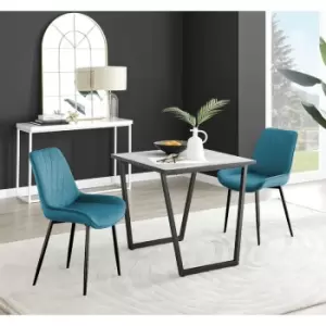 Furniturebox Carson White Marble Effect Square Dining Table & 2 Blue Pesaro Black LegVelvet Chairs