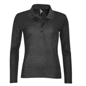 SOLS Womens/Ladies Podium Long Sleeve Pique Cotton Polo Shirt (M) (Charcoal Marl)