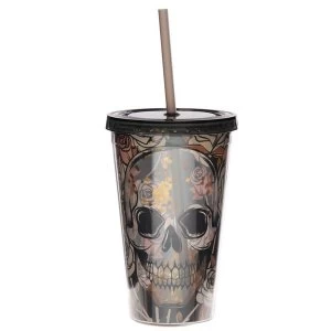 Skulls and Roses Plastic 500ml Double Walled Reusable Cup with Straw and Lid