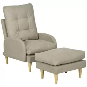 HOMCOM Upholstered Armchair with Footstool Set, Modern Button Tufted Accent Chair w/ Adjustable Backrest, Cushions, Wood Legs and Side Pockets, Beige