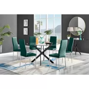 Furniture Box Novara Black Leg 120Cm Round Glass Dining Table and 6 Green Velvet Milan Chairs