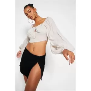 I Saw It First Stone Linen Tie Front Balloon Sleeve Crop Top - Brown