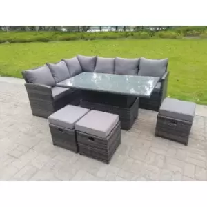 Fimous 6 Seater Outdoor Dark Grey Rattan Lounge Complete Sofa Set with Adjustable Table and 3 Stools