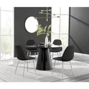 Furniturebox Palma Black Semi Gloss 120cm Round Minimalist Dining Table & 4 Black Corona Faux Leather Dining Chairs with Silver Legs Diamond Stitch