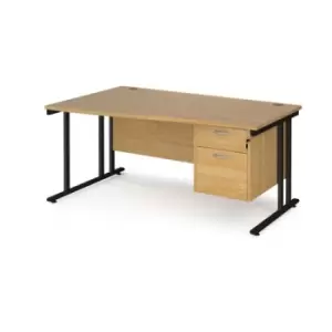 Office Desk Left Hand Wave Desk 1600mm With Pedestal Oak Top With Black Frame Maestro 25 MC16WLP2KO