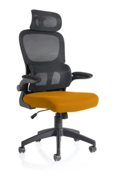 Iris Task Operator Black Mesh Back Bespoke Senna Yellow Fabric Seat With Headrest