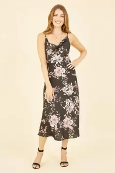 Black Satin Floral Cowl Neck Slip Dress