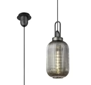 1 Light Pendant E27 20cm Tubular Ribbed Glass, Smoked Black, Aged Pewter