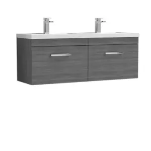 Nuie Athena 1200 Wall Hung 2-drawer Vanity & Polymarble Double Basin - Grey Woodgrain