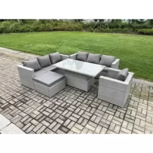 Fimous 7 Seater Outdoor Light Grey PE Rattan Lounge Sofa Complete Set with Big Footstool