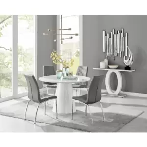 Furniturebox Palma White High Gloss 4 Seat Minimalist Post Modern Round Dining Table & 4 Grey Isco Faux Leather Chairs