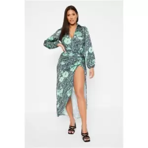 I Saw It First Green Leopard Jacquard Satin Wrap Ruched Maxi Dress - Green