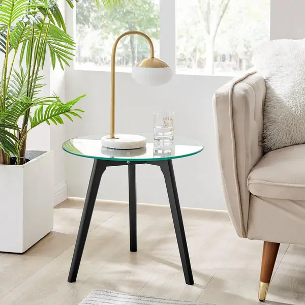 FurnitureboxUK Malmo Beech Wood Scandi Inspired Side Table Medium 50cm With Round Tempered Glass Top and Wooden Legs Black