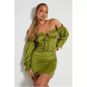 I Saw It First Satin Ruched Tie Corset Balloon Sleeve Bodycon Dress - Green