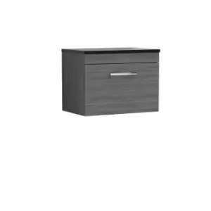 Nuie Athena 600 Wall Hung Single Drawer Vanity & Sparkling Black Worktop - Grey Woodgrain