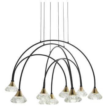 Merano Ferrara 9 Light Ceiling Pendant Matt Black & Brushed Brass Finish With Clear Crystal