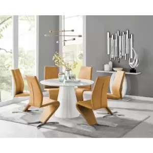 Furniturebox Palma White High Gloss 6 Seat Minimalist Post Modern Round Dining Table & 6 Mustard Willow Faux Leather Chairs