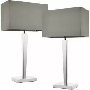 Loops - 2 pack Rectangular Table Lamp Light Modern Chrome & Grey Shade Sleek Sideboard