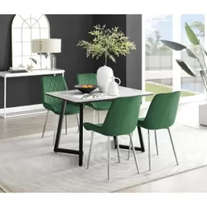 Furniturebox Carson White Marble Effect Recatngular 120cm Dining Table & 4 Green Pesaro Silver Leg Velvet Chairs