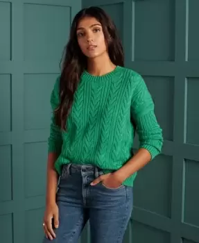 Superdry Womens Dropped Shoulder Cable Knit Crew Neck Jumper Green / Woodland Green - Size: 8