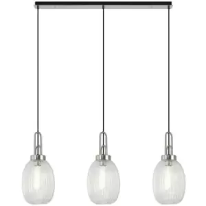 Luminosa Acree Linear 3 Light Ceiling Pendant E27 With 20cm Almond Ribbed Glass, Clear Polished Nickel, Matt Black