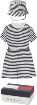 Tommy Hilfiger Newborn Stripe Hat And Dress Set In Twilight Navy - Size 3-6 Months