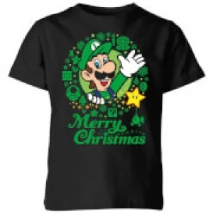 Nintendo Super Mario Luigi White Wreath Merry Christmas Kid's T-Shirt - Black - 9-10 Years