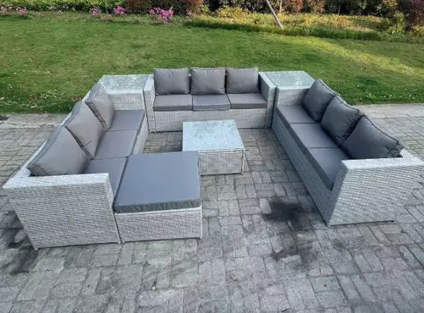 Fimous 9 Seater Outdoor Light Grey Rattan Lounge Complete Sofa Set with Side Table and Big Footstool