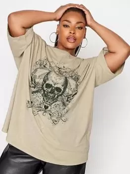 Yours Boxy Tee Acid Wash Grunge Skull. Neutral, Natural, Size 26-28, Women