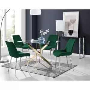 Furniturebox Leonardo 120cm Modern Glass And Gold Metal Leg Dining Table And 4 Green Pesaro Velvet Silver Chrome Leg Dining Chairs