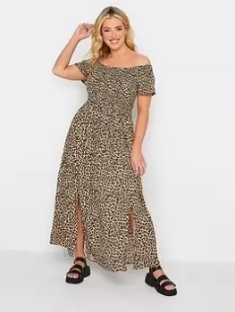 Yours Shirred Bardot Maxi Dress Leopard, Brown, Size 26-28, Women