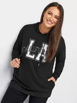 Yours Varsity Slogan Sequin Hoodie Dress, Black, Size 26-28, Women