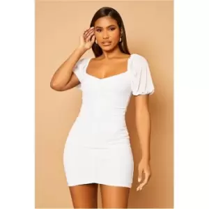 I Saw It First White Mesh Ruched Puff Sleeve Bodycon Dress - White