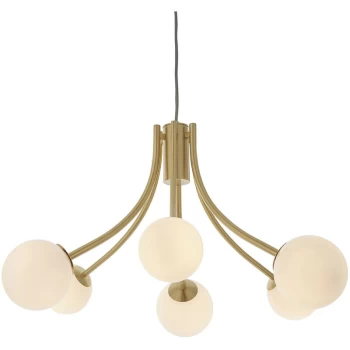 Endon Directory Lighting - Multi Arm Glass Pendant Light Satin Brass Plate, Opal Glass