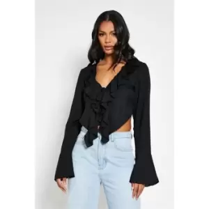 I Saw It First Sheer Tie Frill Front Blouse - Black