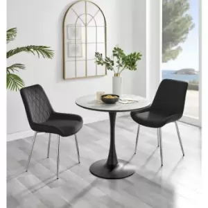 Furniturebox UK - Furniturebox Elina White Marble Effect Modern 80cm Round Dining Table & 2 Black Pesaro Silver Leg Velvet Chairs