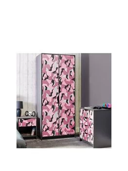 Hideout 3 Piece Bedroom Furniture Set - 2 Door Wardrobe, 4 Drawer Chest and 1 Drawer Bedside Chest - Pink/Grey