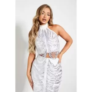 I Saw It First Co Ord Sequin Tassle Lace High Neck Halter Crop Top - White