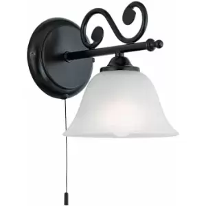 Loops - Wall Light Black Steel Shade White Glass Alabaster Pull Switch Bulb E14 1x40W