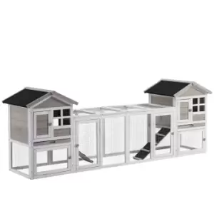 Pawhut Two-in-one Rabbit Hutch With Double House Run Box Slide-out Tray Ramp - Grey