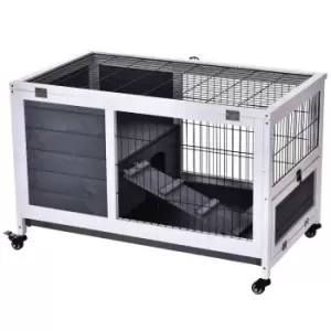 Pawhut Wood Indoor Rabbit Hutch w/ Elevated 2-floor Guineas Pigs Cage & Wheels - Grey