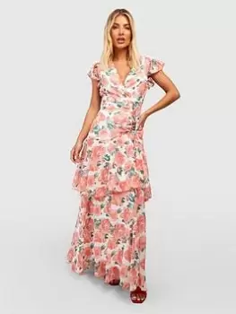 Boohoo Floral Chiffon Ruffle Maxi Dress - Coral, Orange, Size 8, Women