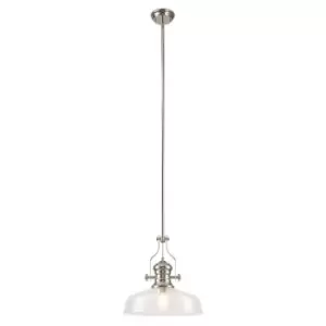 Dome Ceiling Pendant With 38cm Flat Round Shade, 1 x E27, Polished Nickel, Clear Glass - Luminosa Lighting